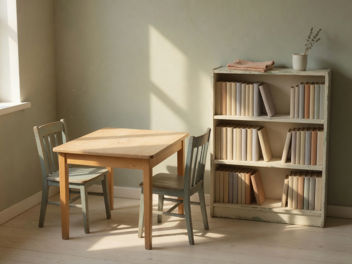 Rincón de estudio con mesa pequeña vacía y sillas para niños