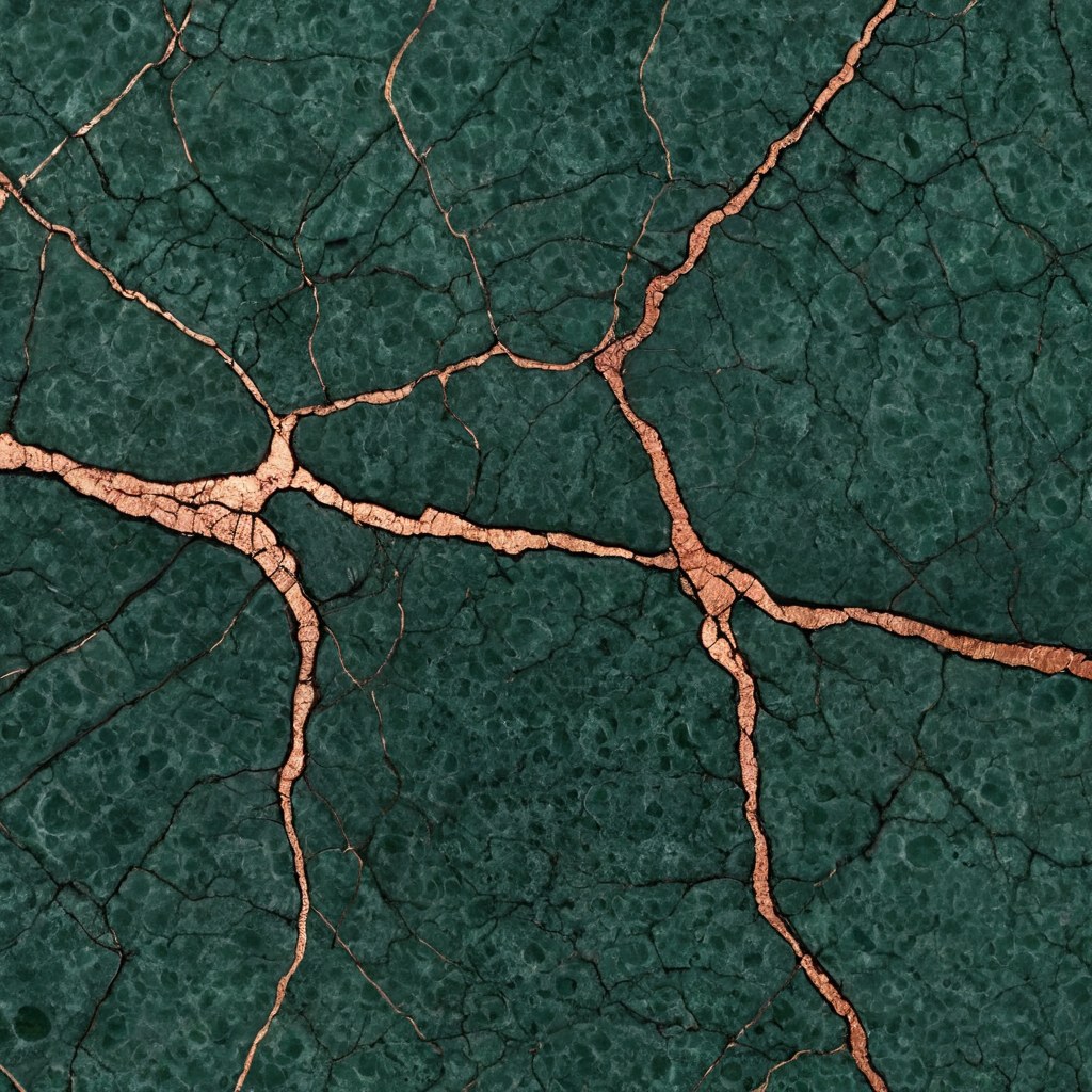 Detalle macro de piedra veteada verde oscuro con una incrustación de cobre