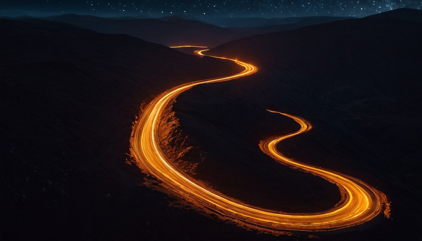 Vista aérea nocturna de un camino iluminado que cruza terreno de altura