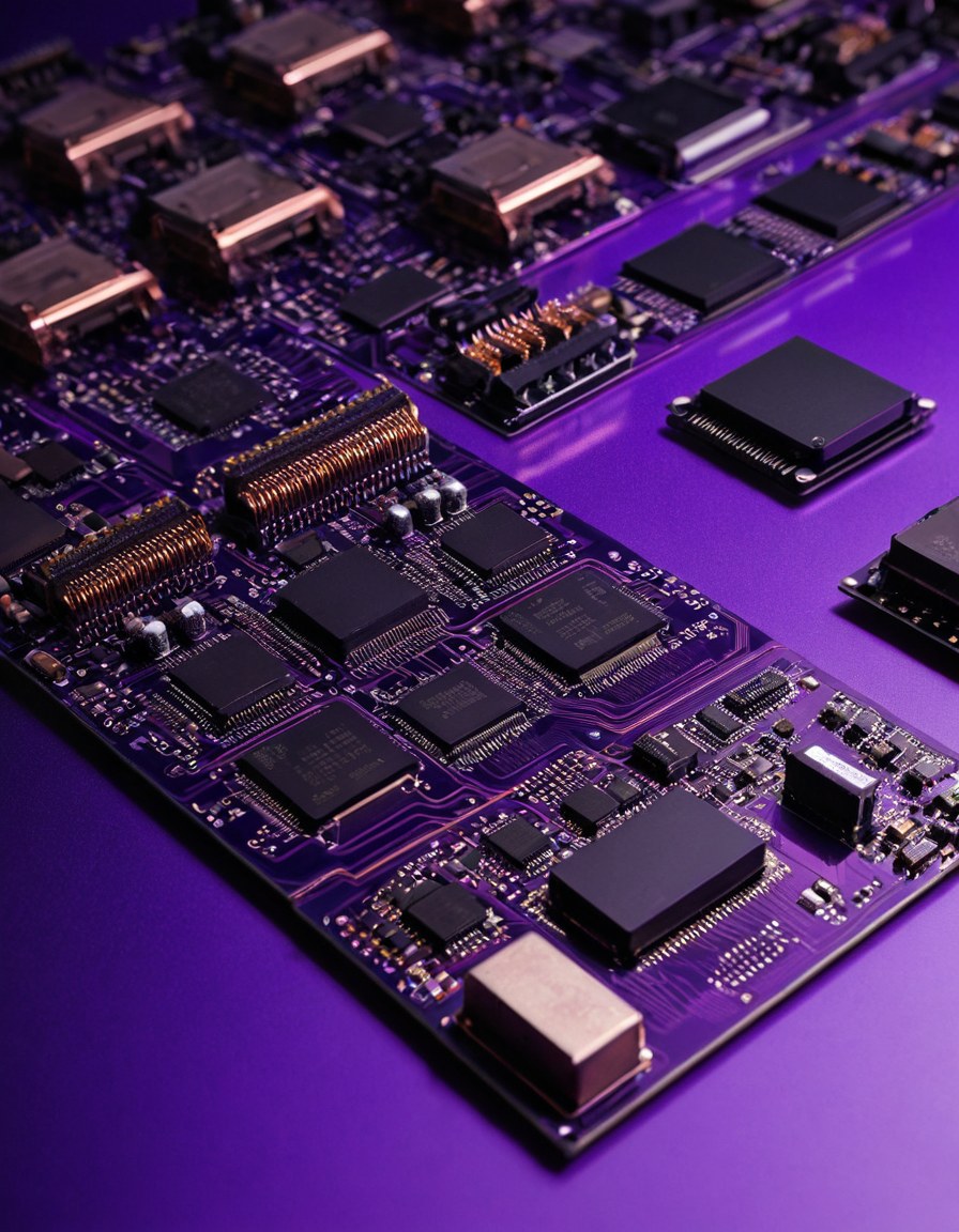 Módulos de memoria y sustrato de circuito acomodados sobre una mesa de taller