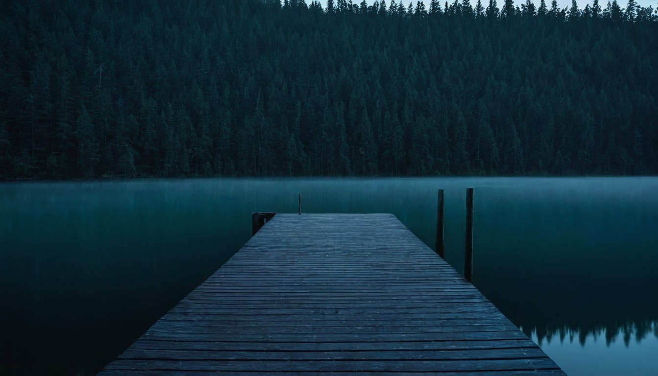 Muelle oscurecido por la lluvia y agua de bosque en la penumbra