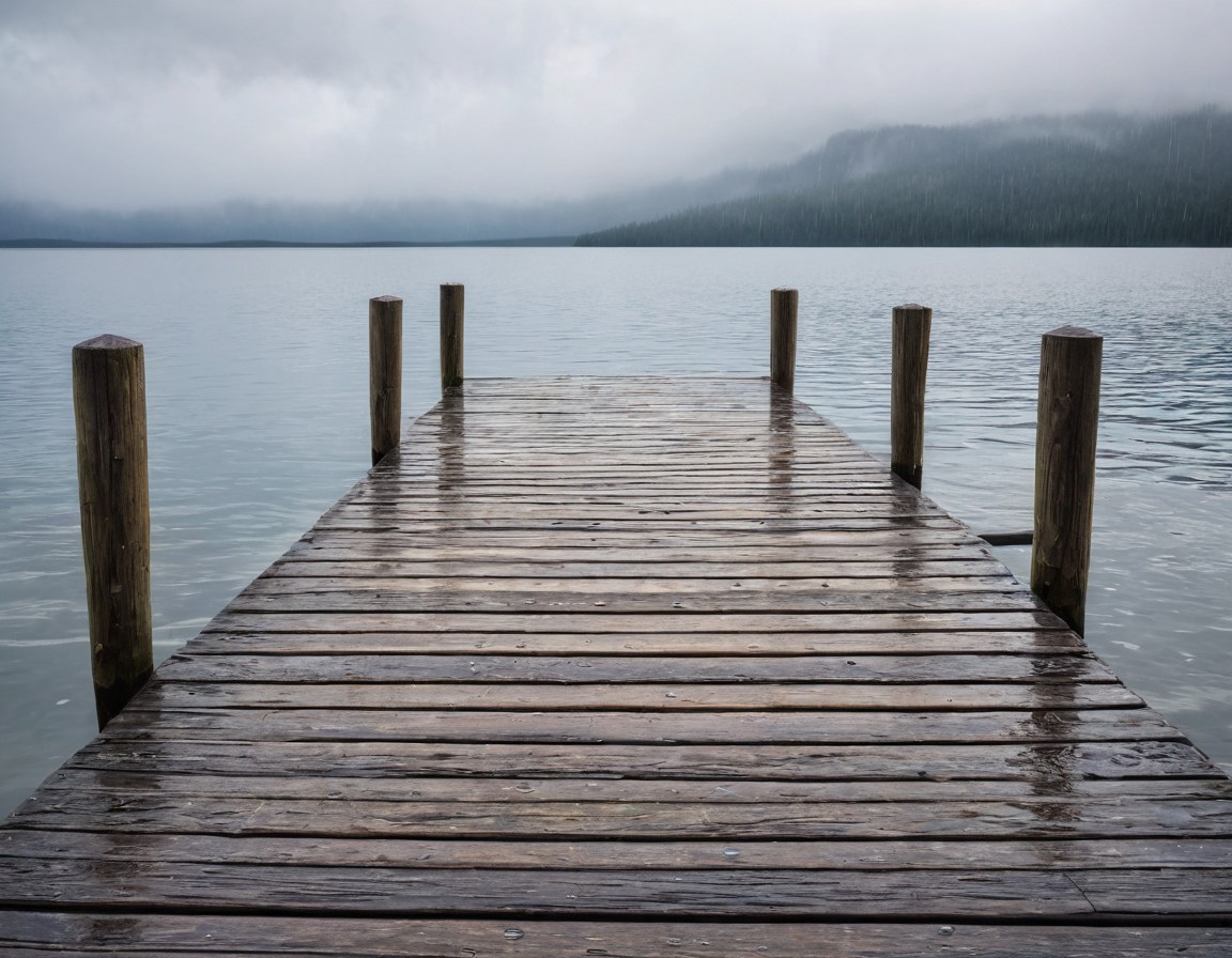 Muelle de madera con gotas de lluvia que baja hacia el agua quieta