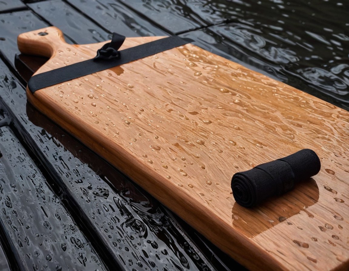 Remo de madera recargado sobre tablas de muelle salpicadas de lluvia junto a una bolsa seca