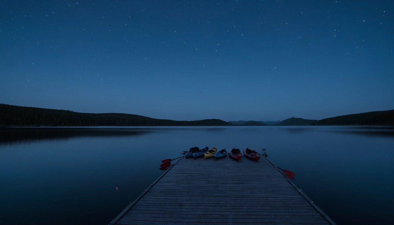 Muelle de renta vacío a la hora azul con kayaks guardados al fondo
