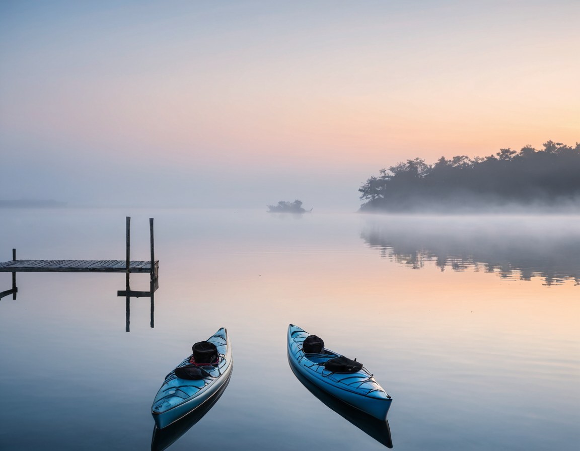 Laguna amplia con niebla y kayaks vacíos cerca de un muelle de madera
