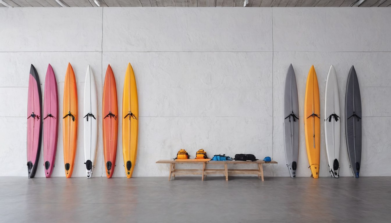 Kayak doble, kayak sencillo, tabla de paddle, remos y chalecos acomodados sobre un muro de piedra clara