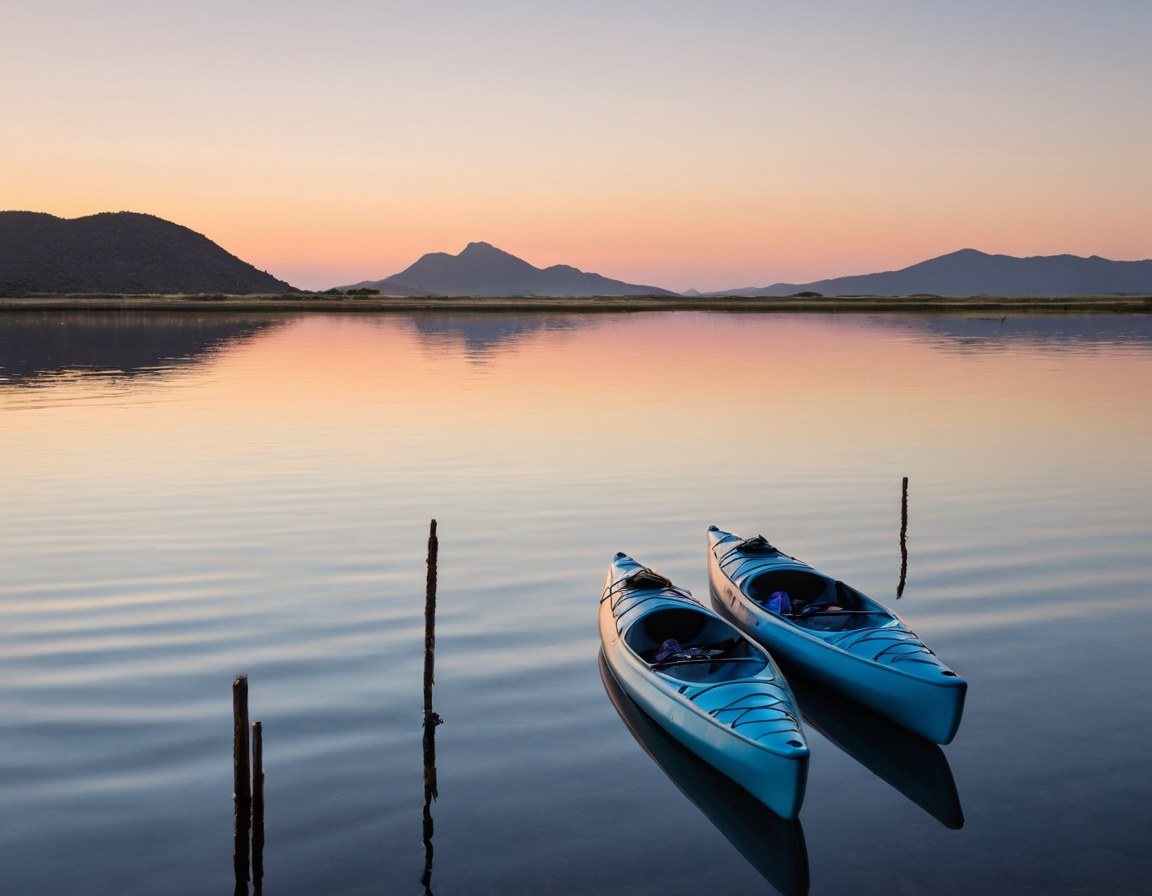 Dos kayaks vacíos amarrados en un muelle de madera al amanecer, con carrizo y cerros al fondo