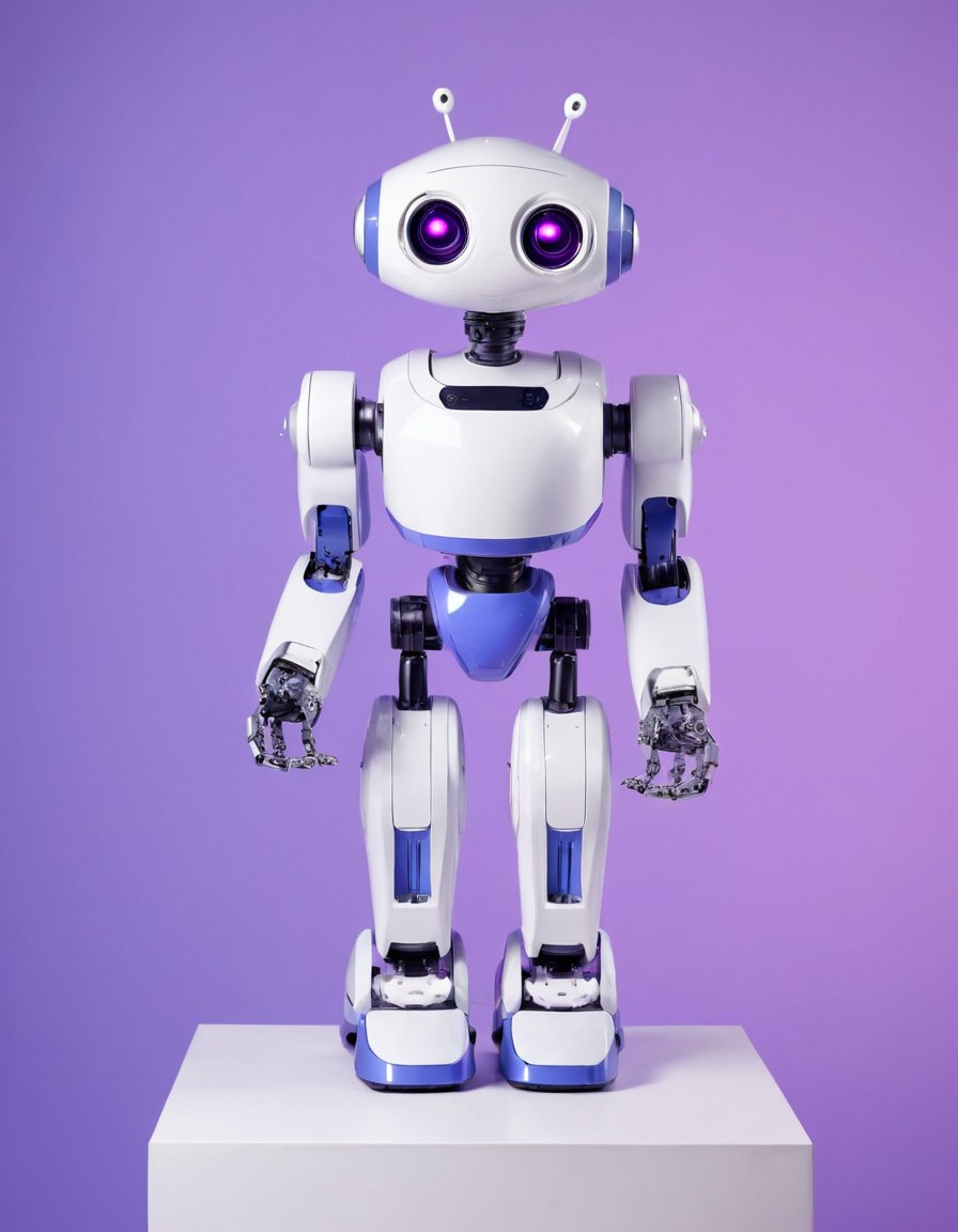Robot educativo terminado sobre una base clara bajo luz azul y lila