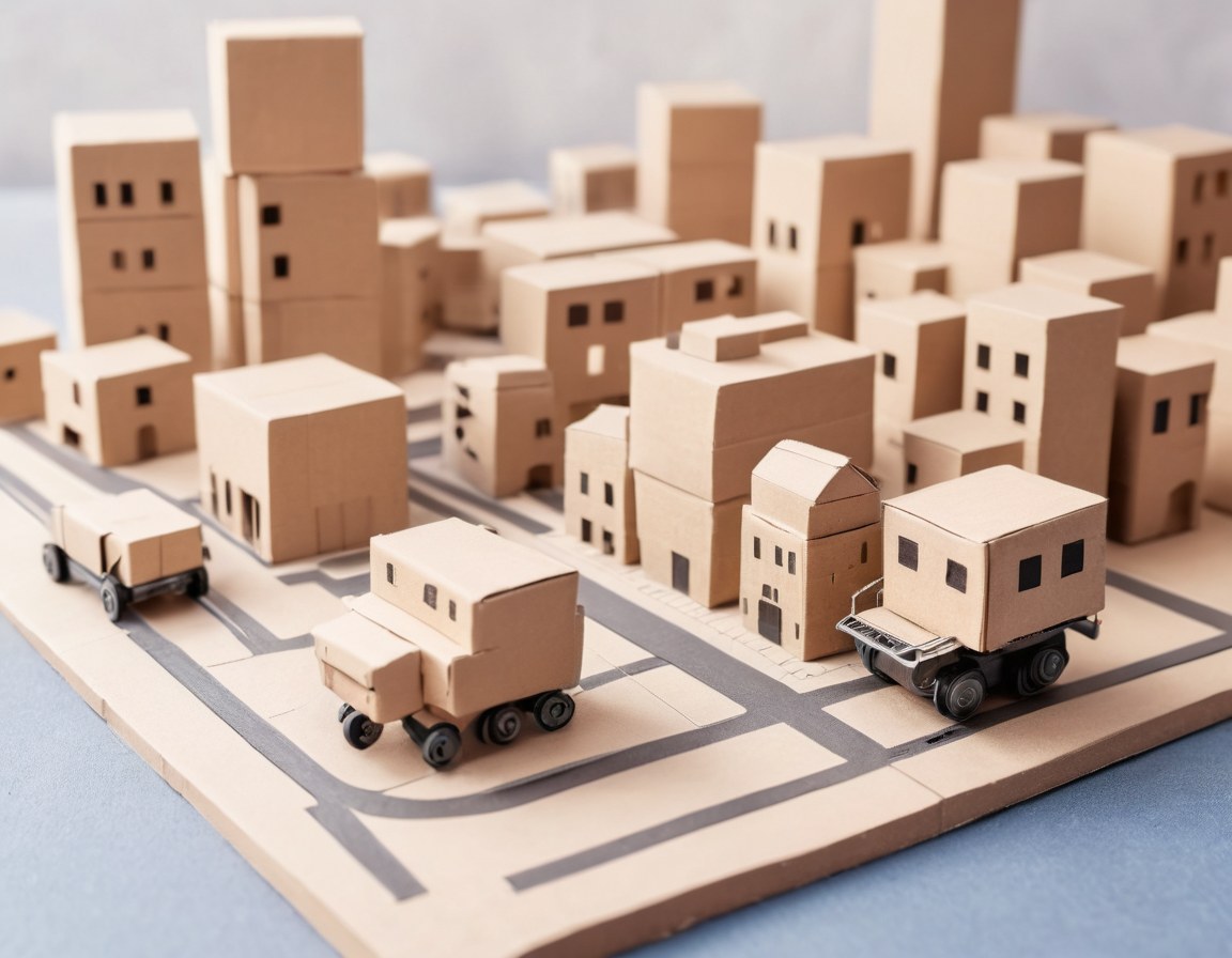 Maqueta de ciudad con un pequeño robot autónomo recorriendo la calle