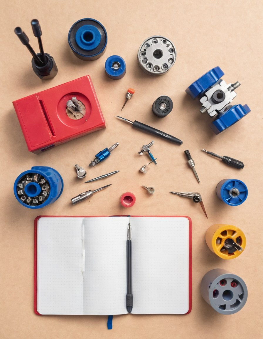 Mesa de taller ordenada con módulos de robot, desarmadores y un cuaderno abierto
