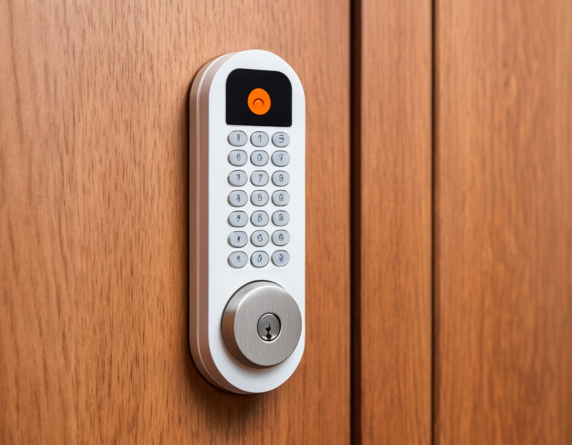 Cerradura con teclado instalada en una puerta de madera, con luz de aviso encendida