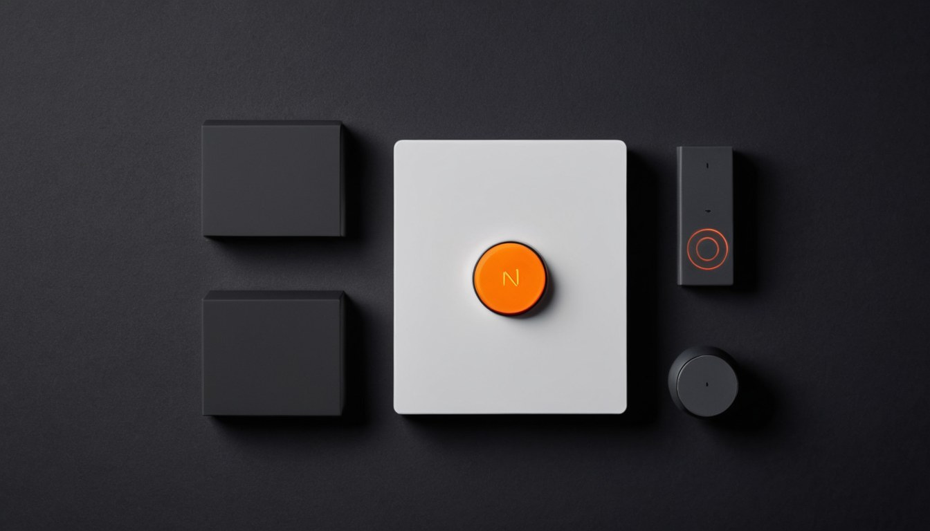 Componentes modulares de control acomodados sobre una superficie de grafito con una sola señal naranja