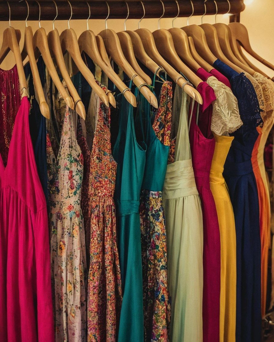 Burro con vestidos de segunda mano de distintos colores en una tienda vintage