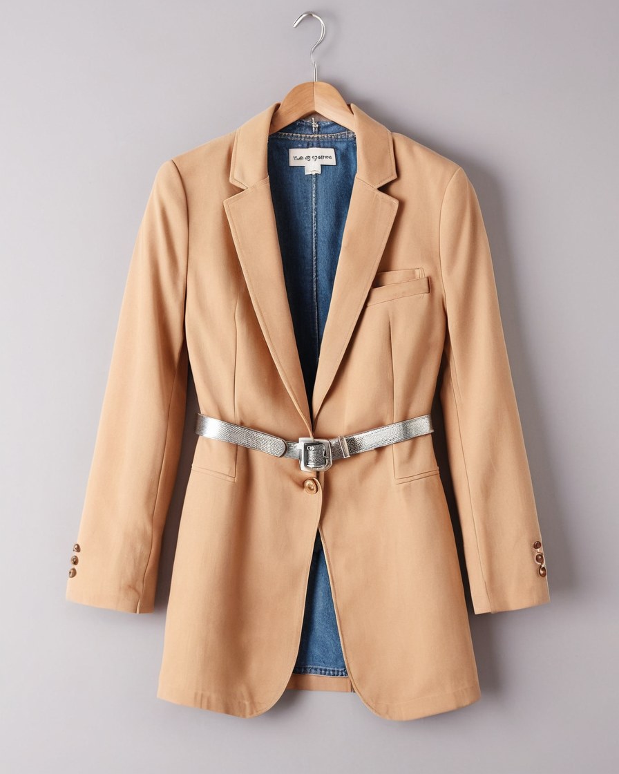 Blazer camel, mezclilla y cinturón plateado acomodados como un conjunto vintage