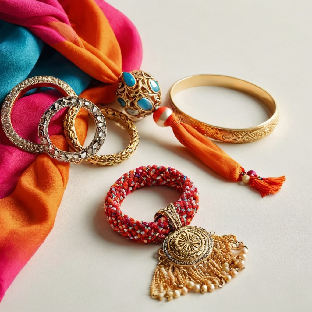 Joyería vintage y un pañuelo de colores bajo luz de día suave