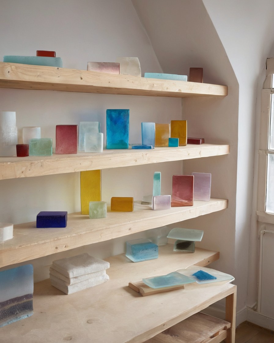 Estantes del taller con láminas de vidrio de color y recortes bajo luz lateral