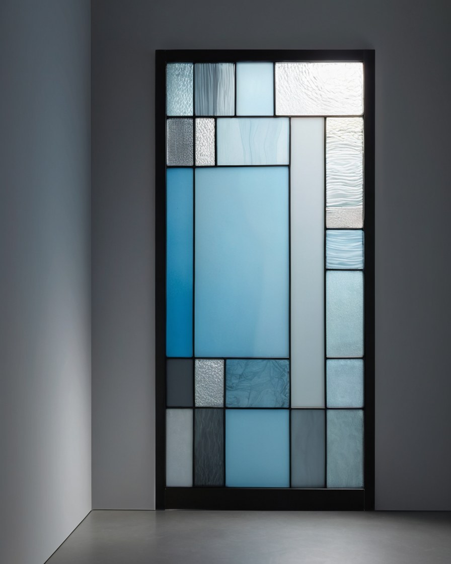 Panel de vitral contemporáneo con vidrios azul pálido y plomo fino, iluminado a contraluz