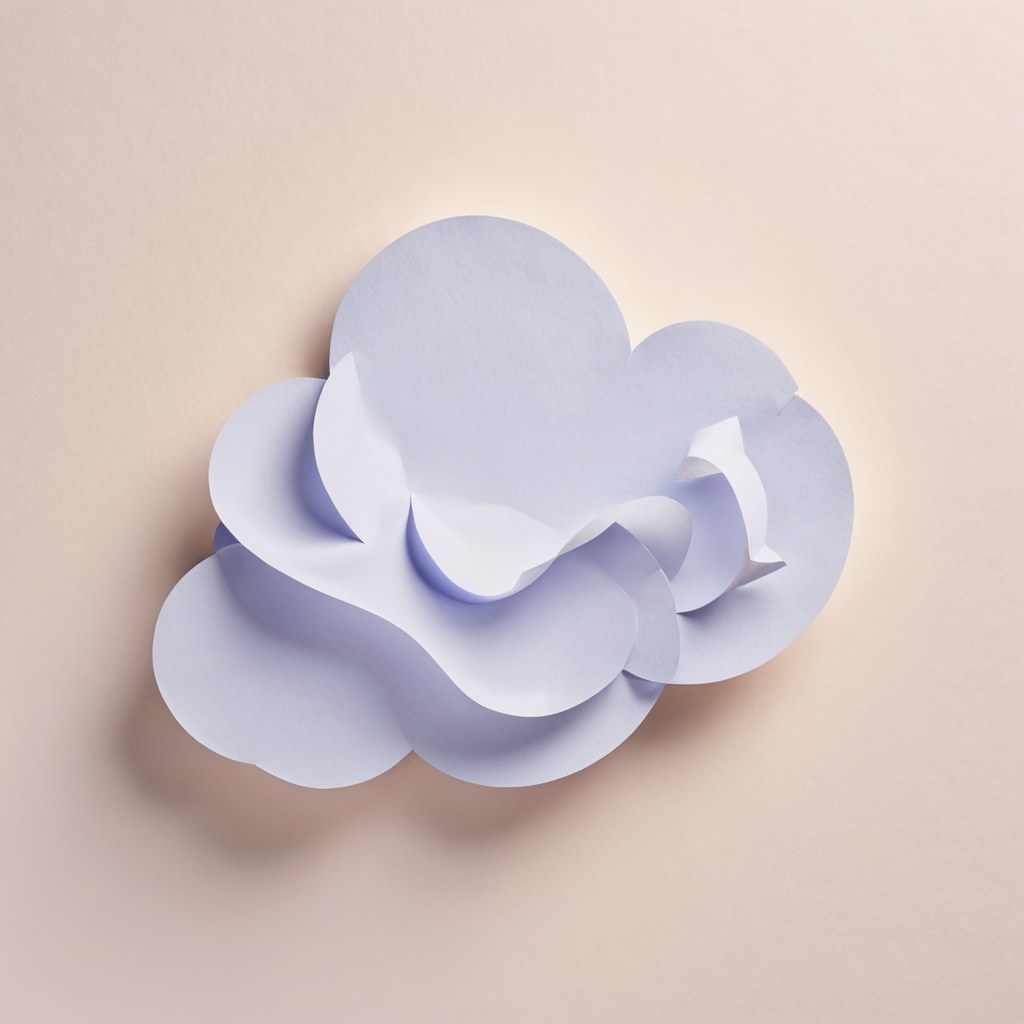 Escultura de papel en forma de nube color azul lavanda con fragmentos de papel flotando alrededor