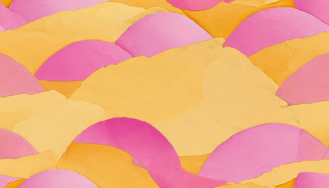 Campo pintado en amarillo, durazno y rosa con fragmentos de papel editorial