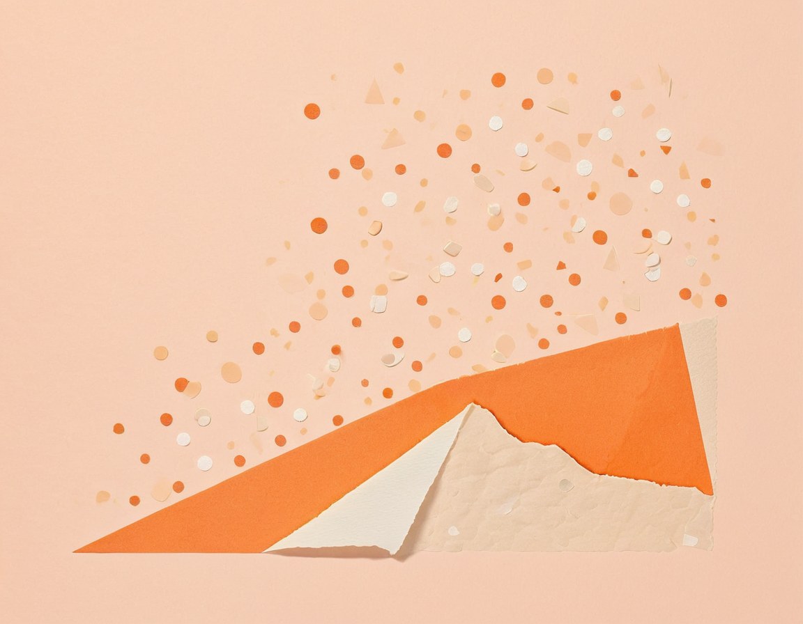 Collage pintado en durazno y crema con una banda diagonal rasgada y confeti de papel
