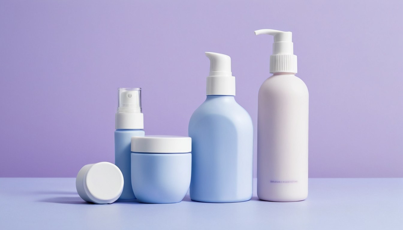 Tres frascos de cuidado facial sin etiqueta sobre una mesa azul lila con sombras largas