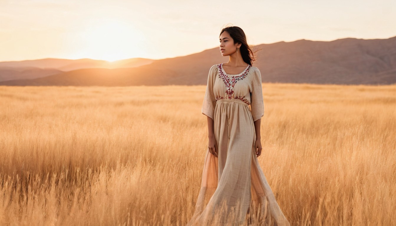 Mujer con vestido de lino claro de pie en un pastizal dorado al atardecer