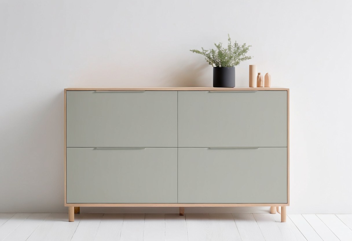 Gabinete modular con puertas verde salvia y cubierta de encino