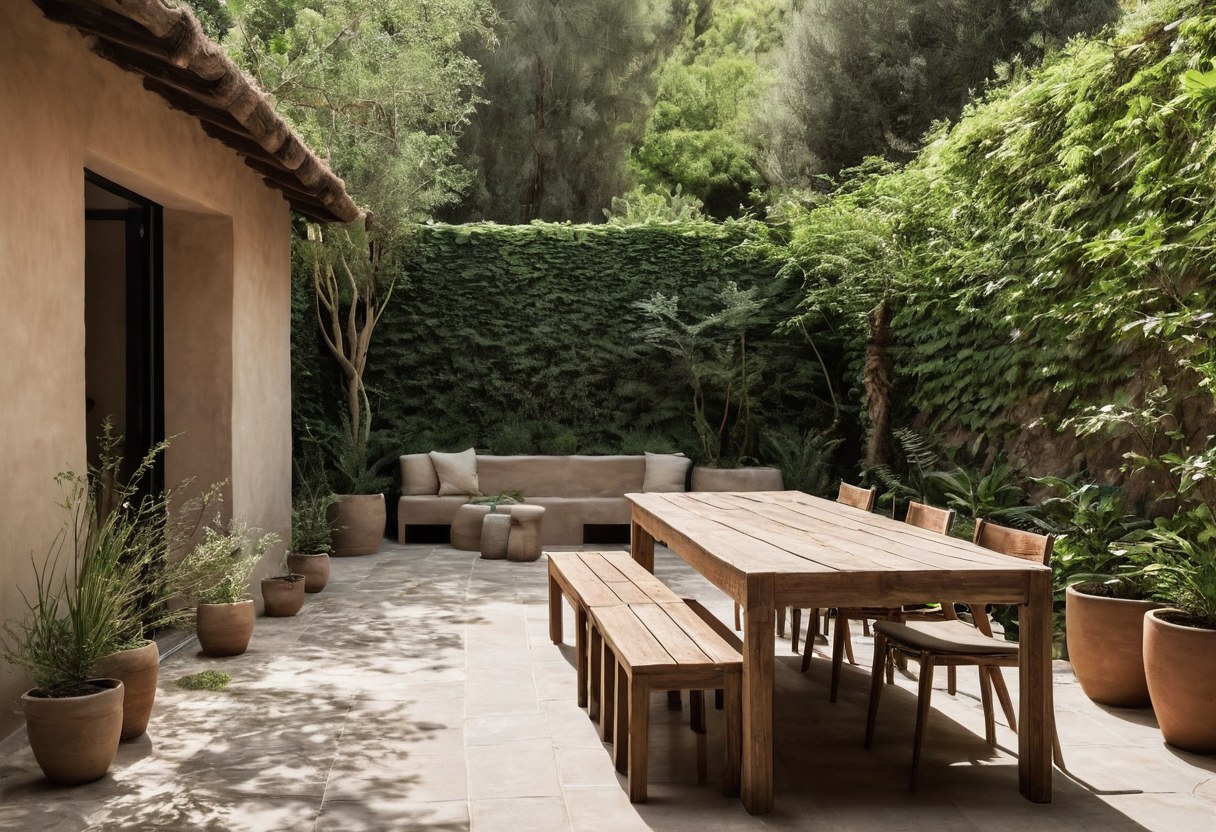 Patio a la sombra con mesa larga de madera, sillas y plantas en macetas de barro