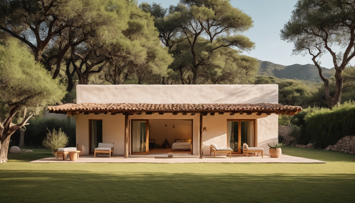 Casa de muros claros y techo de teja entre árboles grandes, con un jardín amplio al frente