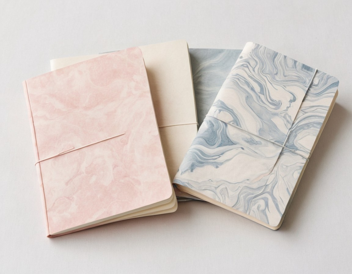 Libretas cosidas a mano con costura expuesta y cubiertas de papel marmoleado