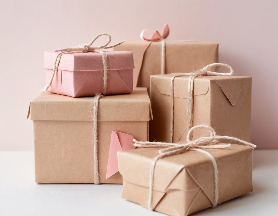 Cajas kraft envueltas con papel de china rosado, hilo de algodón y etiquetas redondas