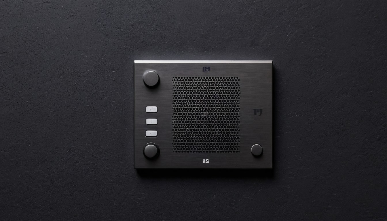 Detalle de un intercomunicador y panel de acceso montados en muro oscuro