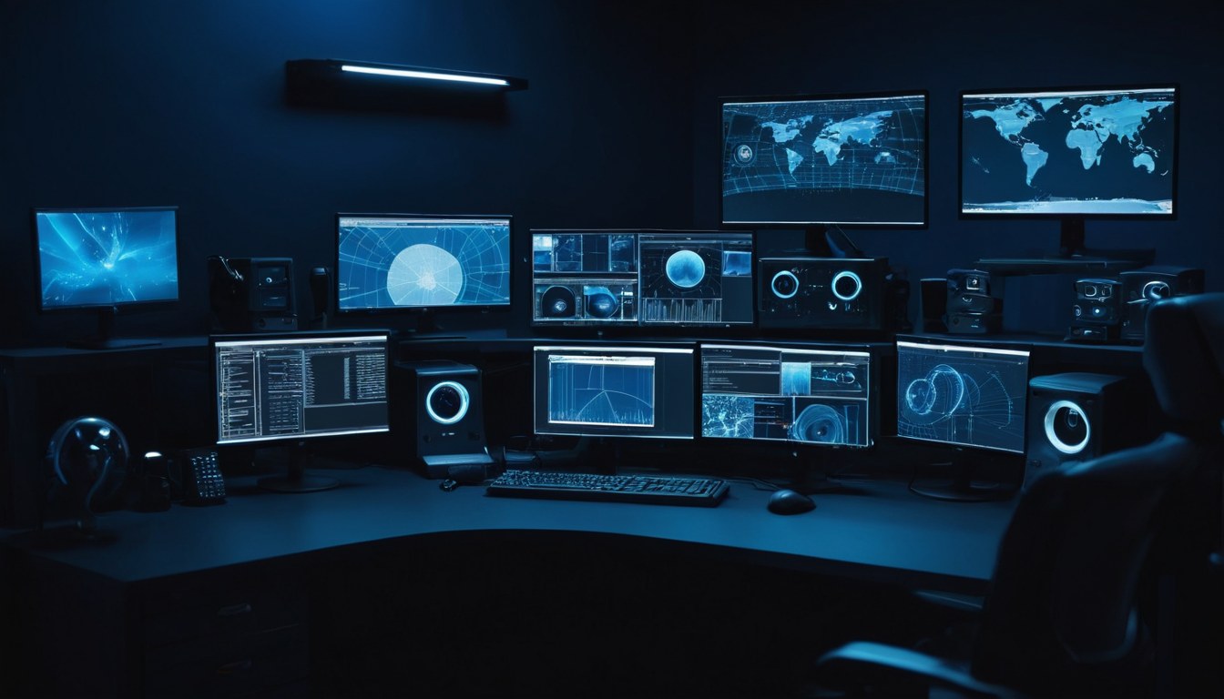 Mesa de planeación de una instalación de videovigilancia con monitores desenfocados y equipo mate