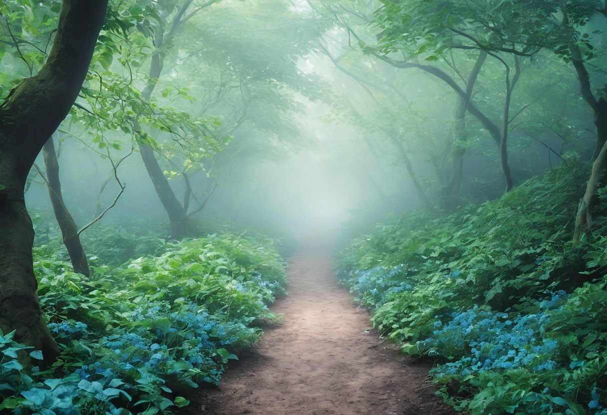 Sendero de jardín que se pierde entre hojas y neblina