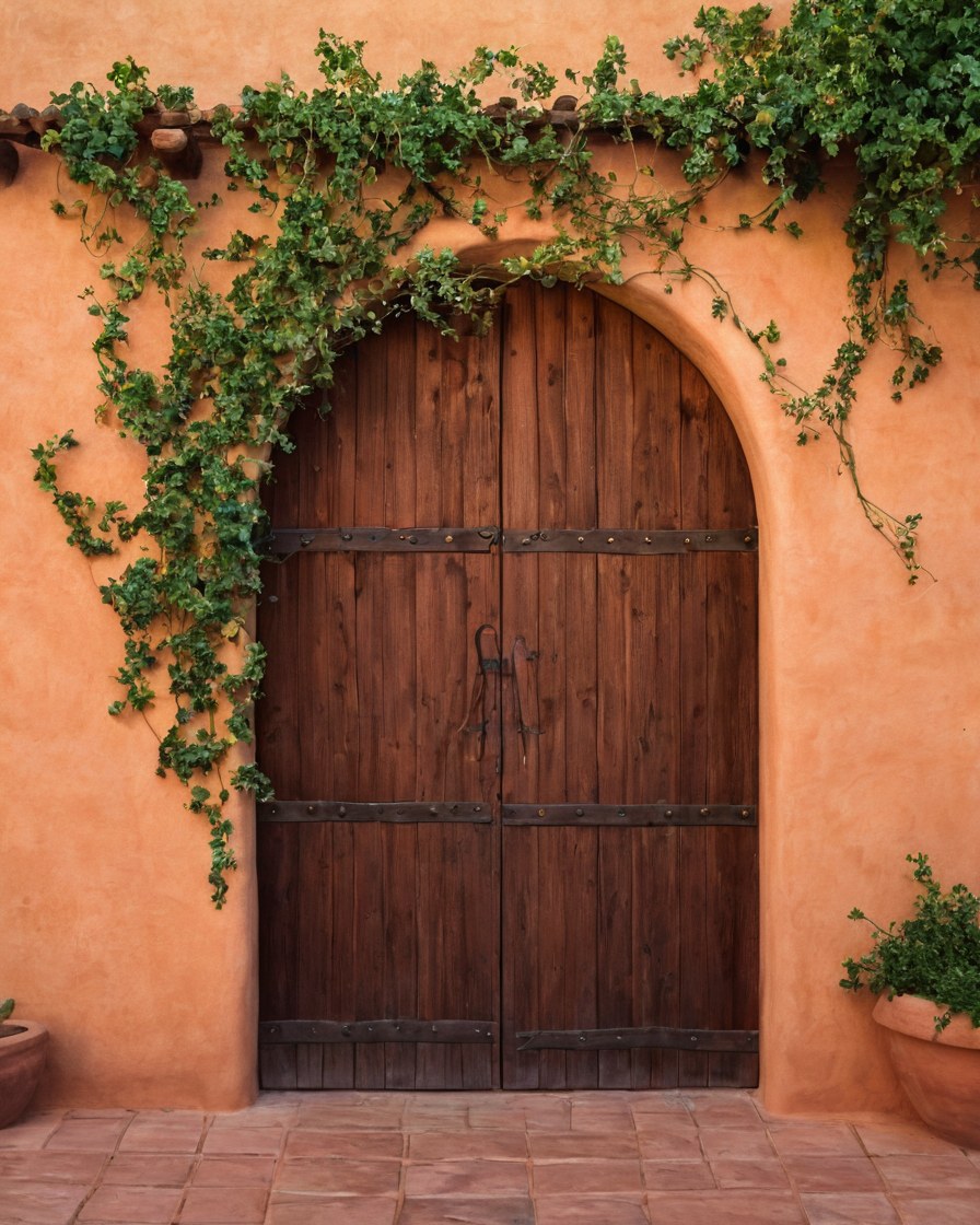 Portón de madera en muro de adobe con enredadera