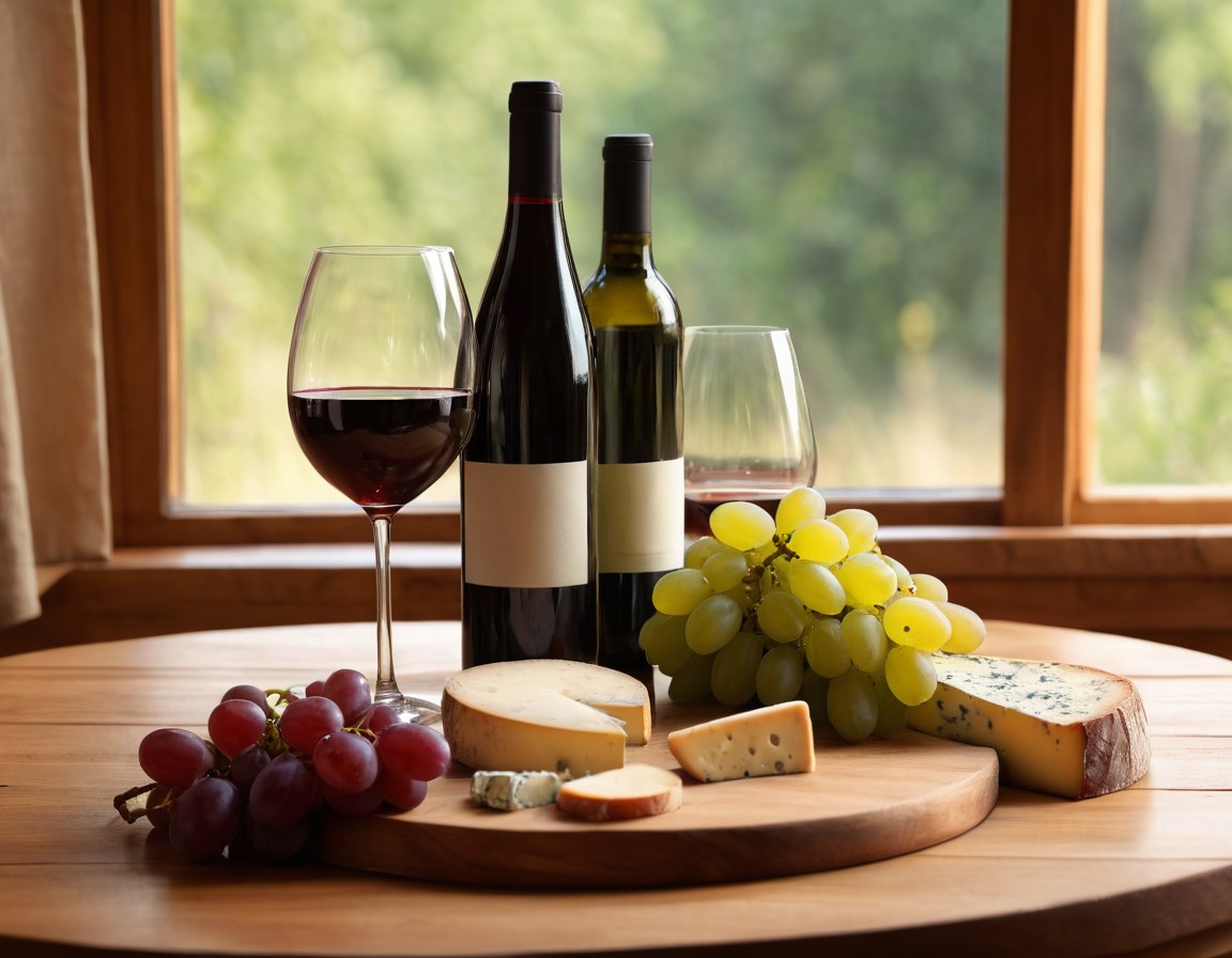 Mesa de cata con copas, botellas sin etiqueta, queso y uvas