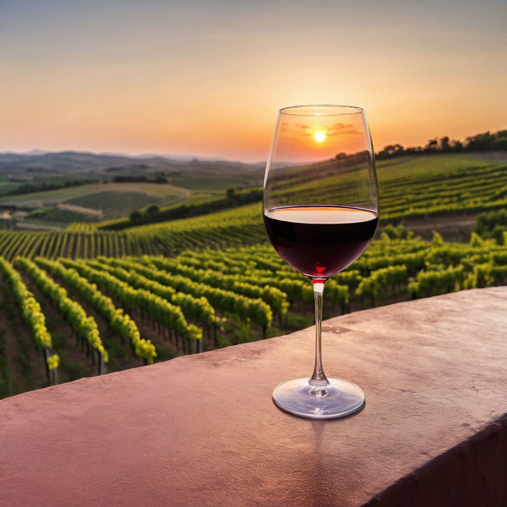 Copa de vino tinto sobre el pretil de la terraza frente al viñedo