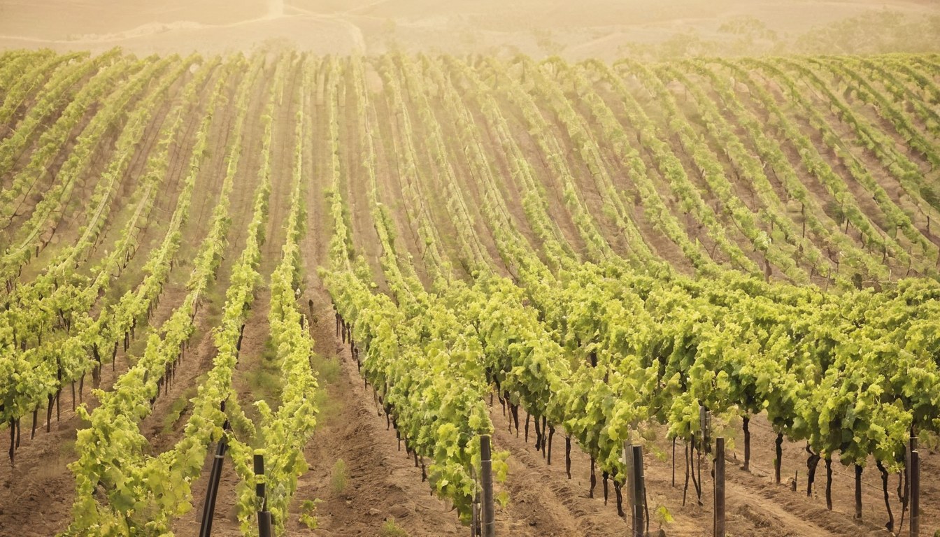 Horizonte del viñedo y hojas de vid en luz apagada de la tarde
