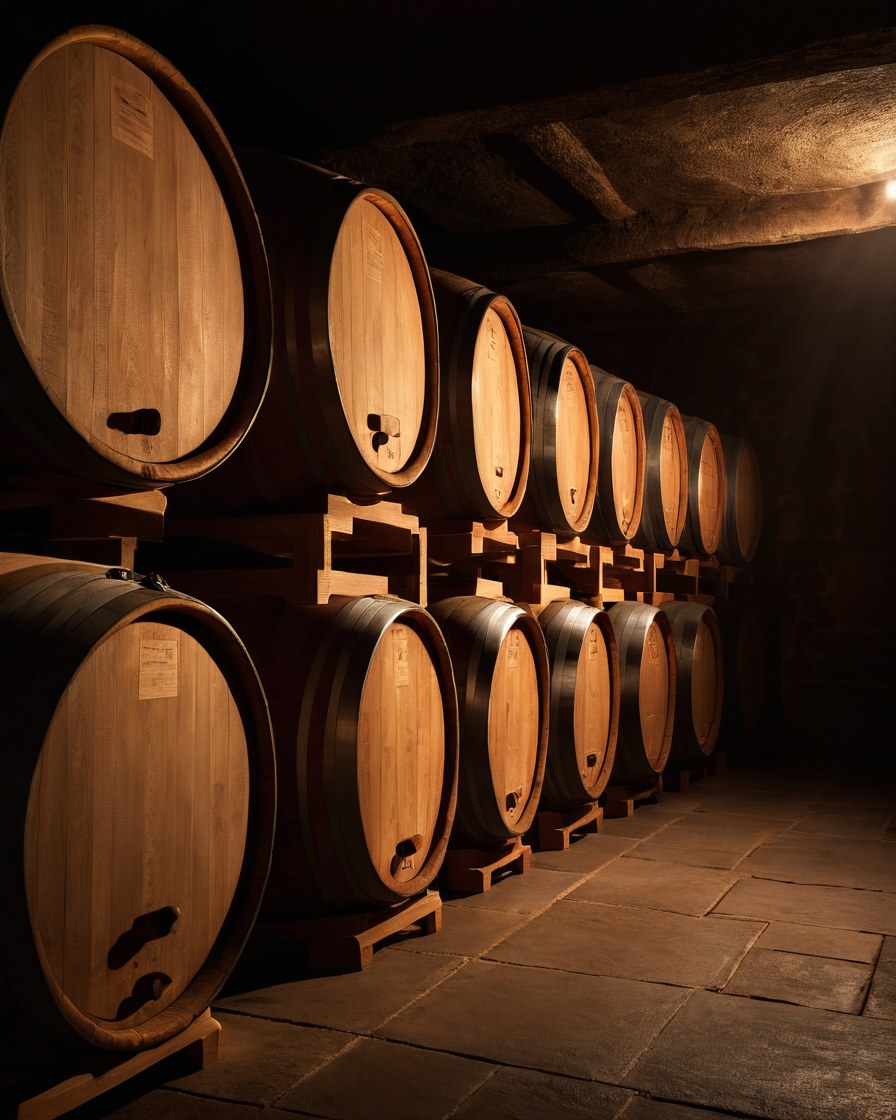 Barricas de roble alineadas en el pasillo de la cava con luz lateral cálida