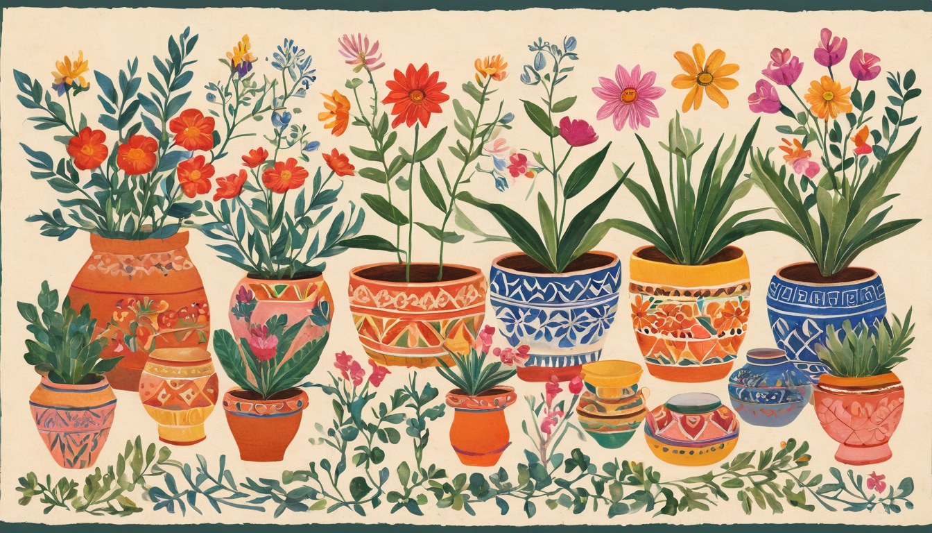 Orla de macetas agrupadas, hojas y flores de inspiración popular alrededor de un centro abierto