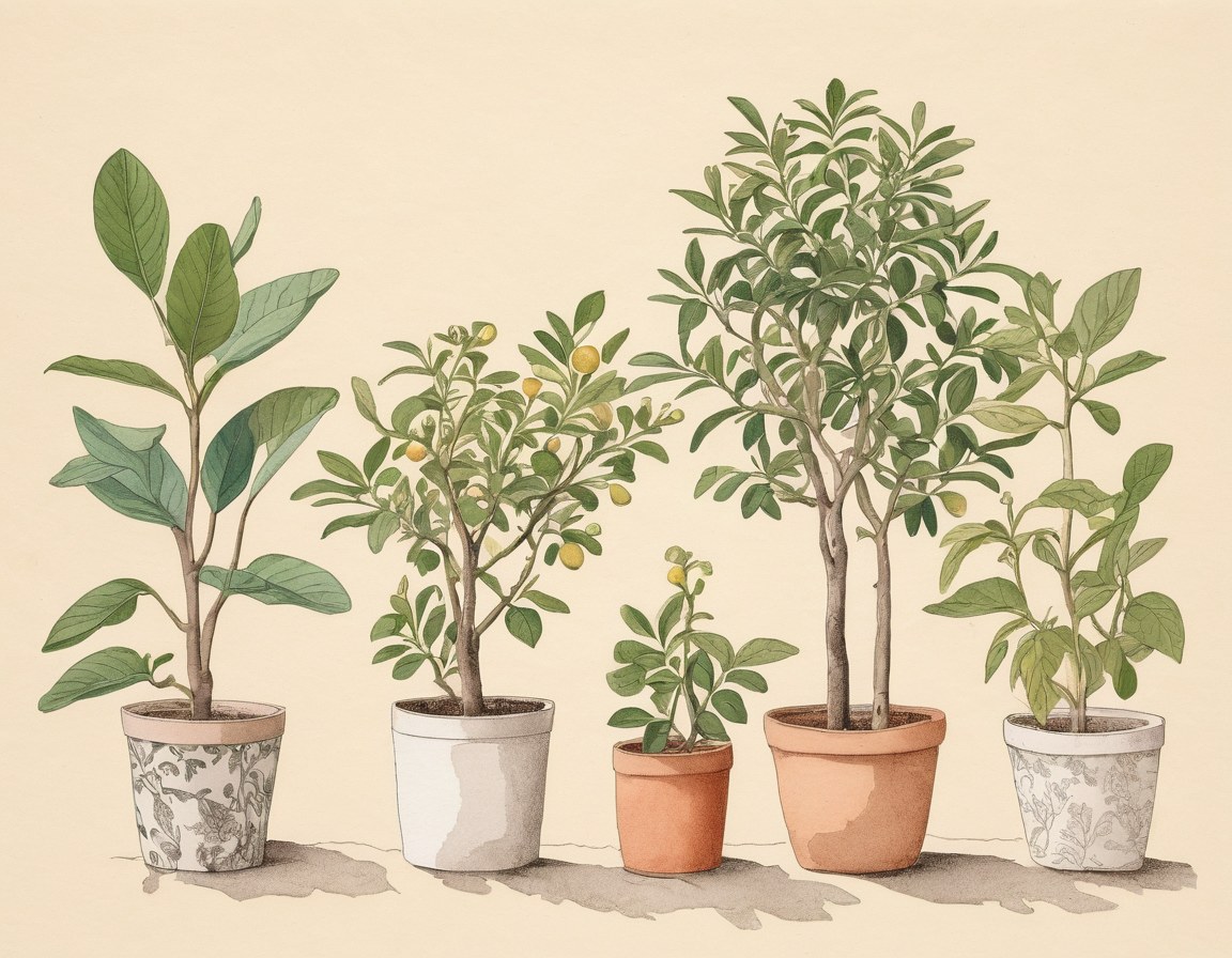 Árboles frutales jóvenes en contenedores de vivero