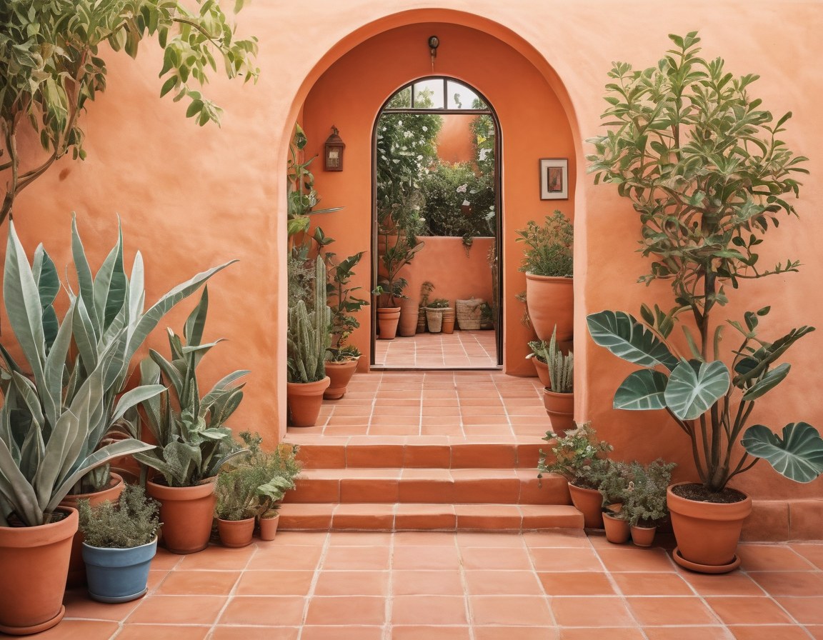 Entrada del patio del vivero con follaje en maceta y piso de barro