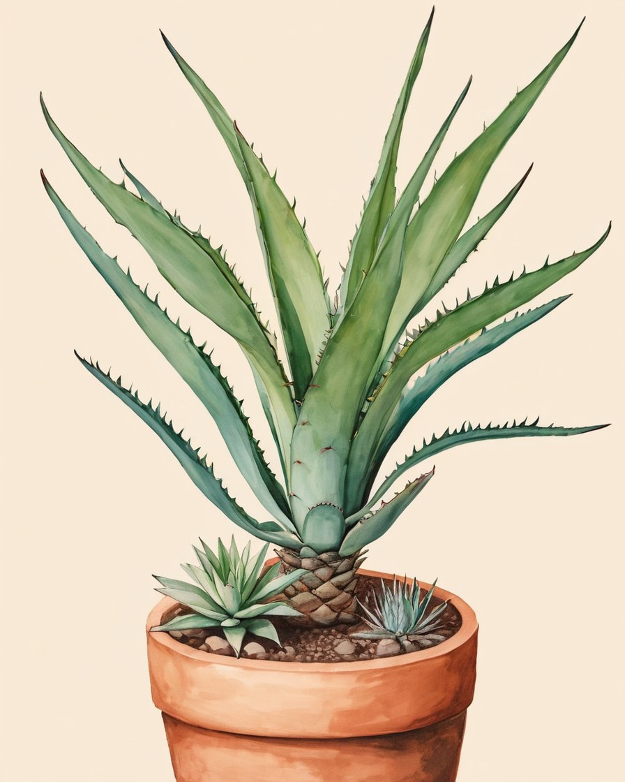 Columna de follaje ancho y agaves en macetas de barro apiladas