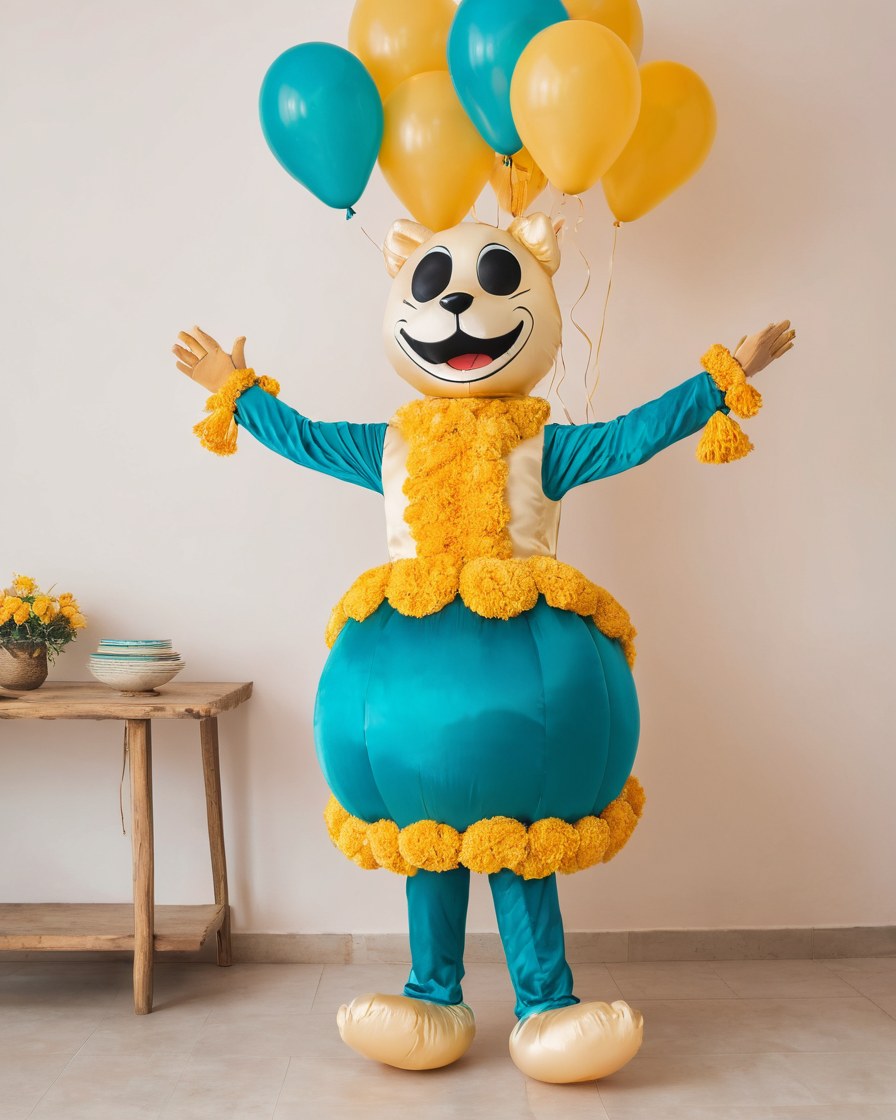 Personaje de botarga bailando en una sala decorada con globos