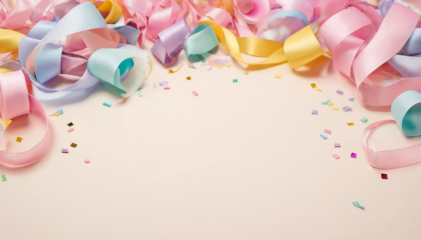 Listones, serpentinas y confeti de fiesta sobre un mantel de lino color crema
