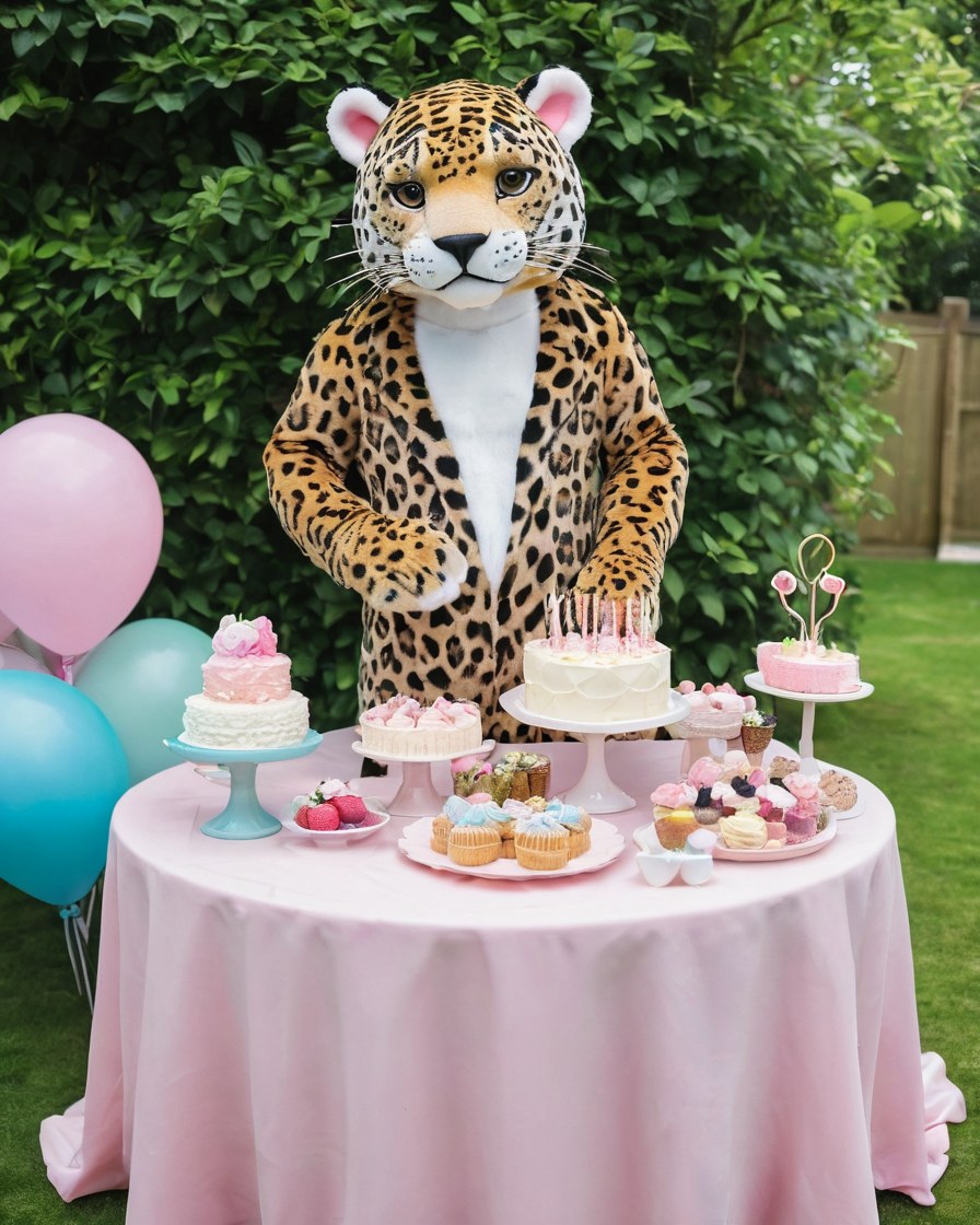 Personaje de botarga de pie junto a la mesa de postres en una fiesta de jardín