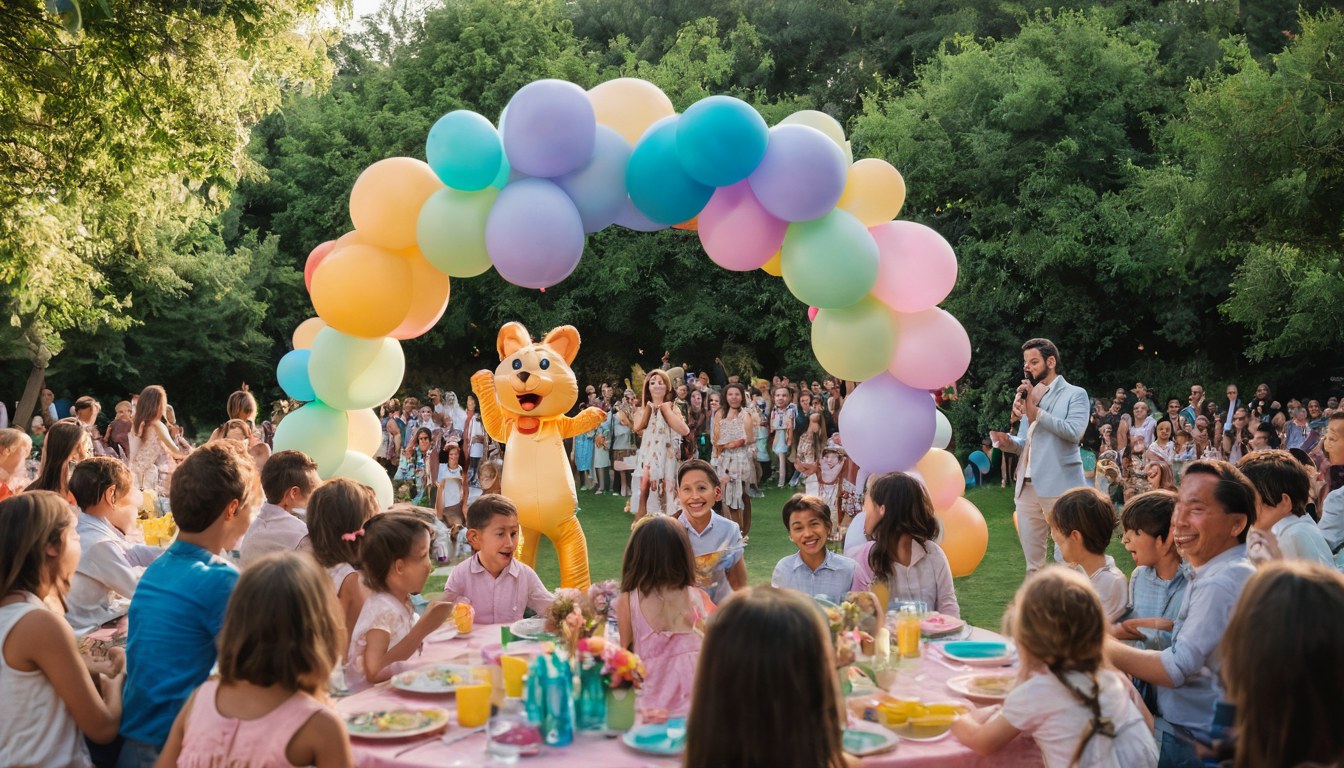 Personaje de botarga y animador durante una fiesta infantil en un jardín al atardecer