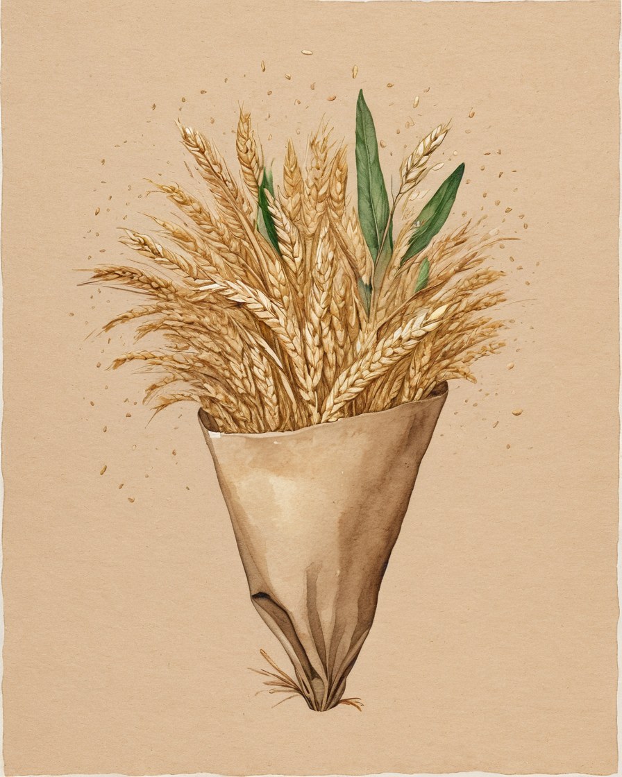 Espigas de grano asomando de un costal de papel, sobre papel de avena