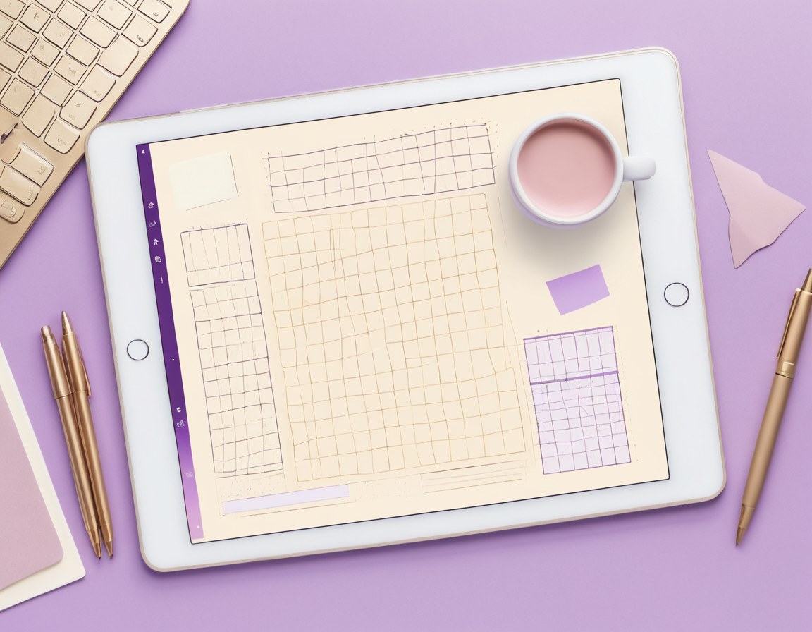 Mesa de trabajo con tableta mostrando capas de diseño y hojas en blanco