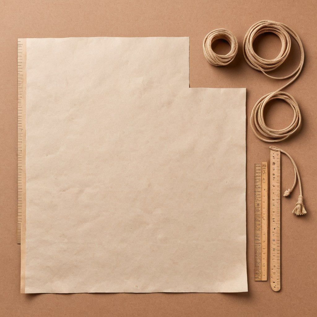 Hojas de papel hecho a mano en blanco, una regla de madera y cordel sobre la mesa de trabajo